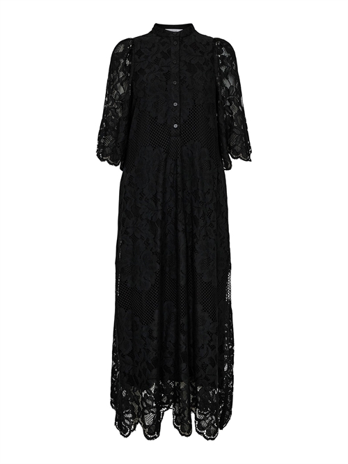 Curvey Lace Hem Placket Kjole Black